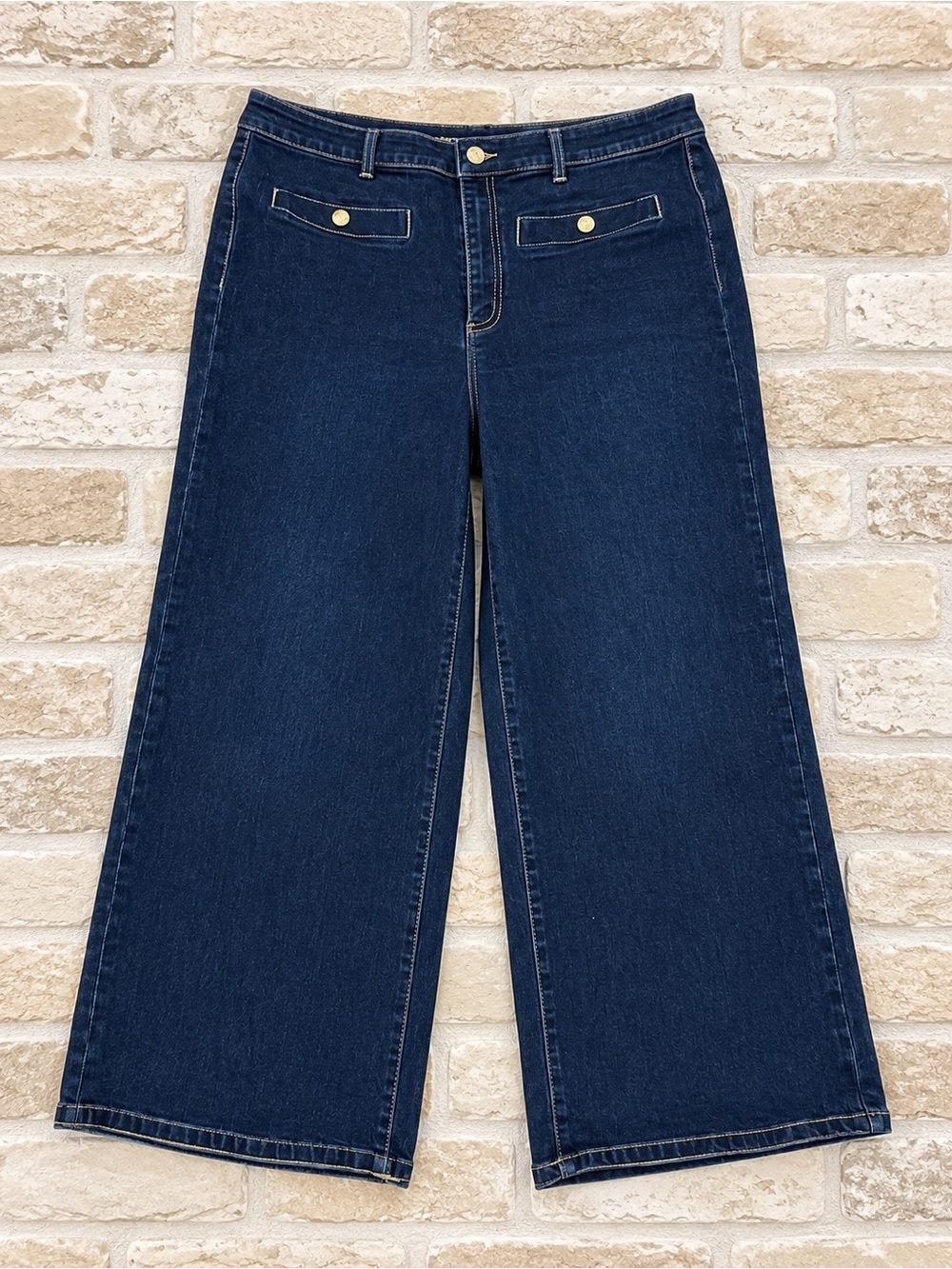Michael Kors Dark Wash High Rise Cropped Wide Leg Stretch Denim Jeans Womens 16 - Picture 2 of 5
